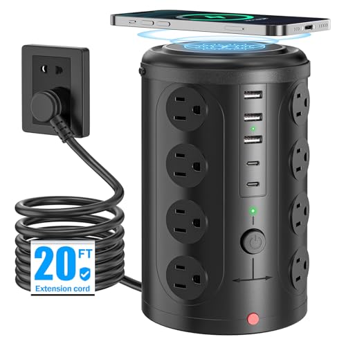 20FT Power Strip Tower Surge Protector with 15W Wireless Charger - size: 20Feet