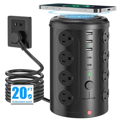 20FT Power Strip Tower Surge Protector with 15W Wireless Charger - size: 20Feet