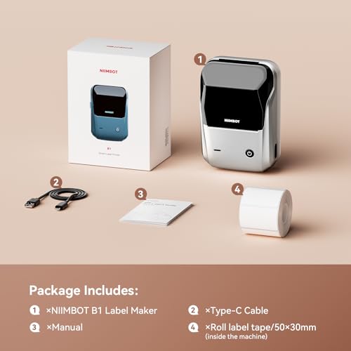 NIIMBOT B1 Label Maker Machine with Tape for Home and School, Silver Gray | 2 Inch Portable Label Printer Bluetooth Thermal Sticker Printer for Small Business Labeling, Compatible with Phones & PC - color: Silver Gray, style: Printer+Tape