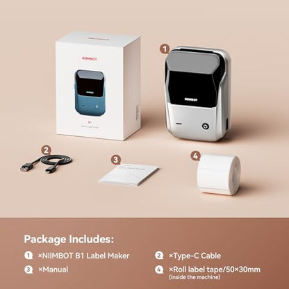 NIIMBOT B1 Label Maker Machine with Tape for Home and School, Silver Gray | 2 Inch Portable Label Printer Bluetooth Thermal Sticker Printer for Small Business Labeling, Compatible with Phones & PC - color: Silver Gray, style: Printer+Tape