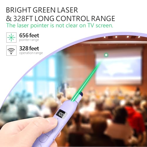 N21 Bluetooth Presentation Clicker for PowerPoint with Retractable Pointer | ①Laser Pointer②Telescopic touch pen③Countdown timer, vibration alert ④Customizable Button ⑤Rechargeable;battery level display - color: Purple - Green Pointer