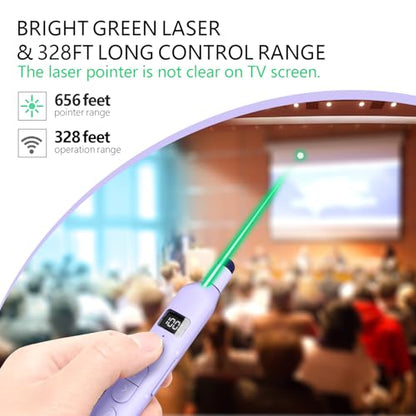 N21 Bluetooth Presentation Clicker for PowerPoint with Retractable Pointer | ①Laser Pointer②Telescopic touch pen③Countdown timer, vibration alert ④Customizable Button ⑤Rechargeable;battery level display - color: Purple - Green Pointer