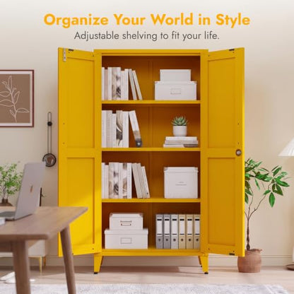 61" H Yellow Metal Storage Armoire Cabinet, Lockable Steel Cabinet, 2-Door Tall Locker with 3 Adjustable Shelves, Freestanding Steel Utility Cabinet for Bedroom, Office, Living Room - color: Yellow, style: 61"H-Cabinet-YX