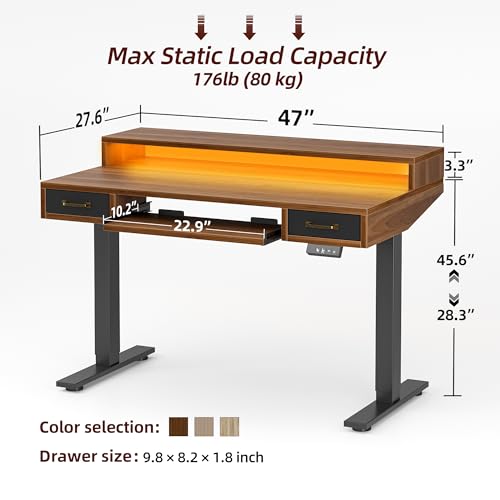 TIQLAB Standing Desk with Two Drawers, Stand Up Standing Desk Adjustable Height, Electric Sit Stand Table with Storage Shelf and Splice Board, with LED Light, 47 * 28 inch, Black Walnut - color: Black Walnut, size: 47*28 inch with keyboard tray