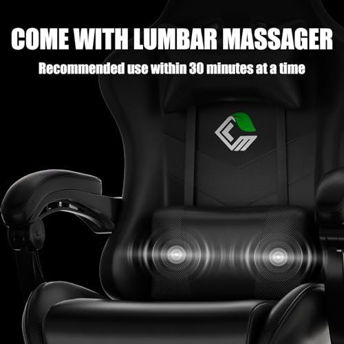 Czlolo Gaming Chair with Footrest Racing Style Lumbar Support Massager Video Game Chair with Metal Legs, High Back Gamer Chair with Headrest, 360° Swivel Office Computer Desk Chair (Black) - color: Black