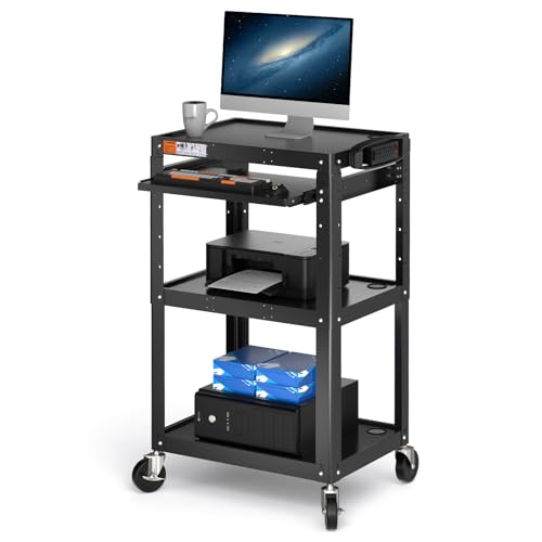 POCHAR Steel AV Cart on Wheels - Rolling Projector Cart with Height Adjustable Shelf, Pullout Keyboard Tray, Power Strip, Cord Management - Mobile Media Carts Computer Workstation for Office Classroom - style: 3 Shelf with Keyboard Tray (AV-J)