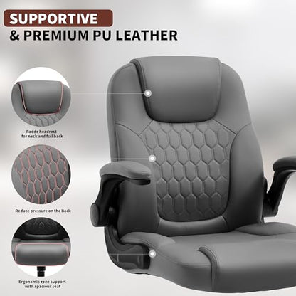 PU Leather Office Chair Swivel Lumbar Support for Short People Grey | Executive Office Chair PU,Leather Office Chair with Wheels,360° Swivel Rolling Chair with Padded Arm,Ergonomic Computer Chair - color: Grey
