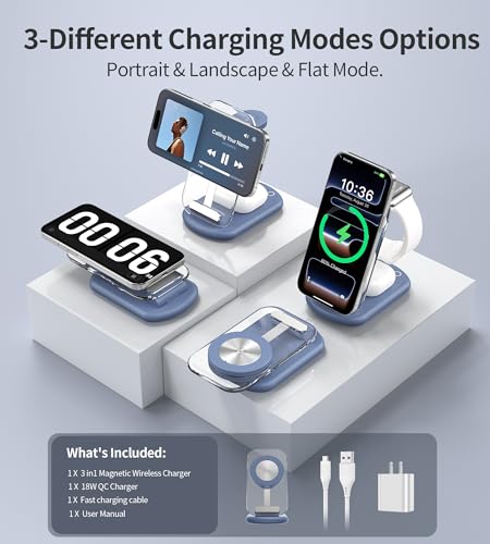 Mukiya 3 in 1 Magnetic Wireless Charging Station for Apple Devices | Fast Travel Charger Stand with Night Light for MagSafe-enabled iPhone 17 16 15 14 13 12 Series, Apple Watch/AirPods Pro, BU - color: Blue
