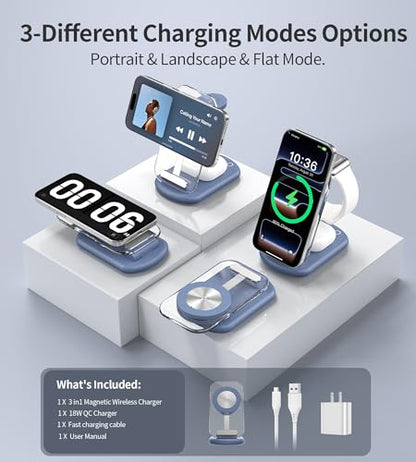 Mukiya 3 in 1 Magnetic Wireless Charging Station for Apple Devices | Fast Travel Charger Stand with Night Light for MagSafe-enabled iPhone 17 16 15 14 13 12 Series, Apple Watch/AirPods Pro, BU - color: Blue