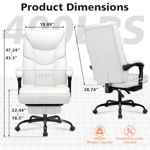 WAILOR 400lbs Office Chair with Foot Rest, Reclining Big and Tall Office Chair with Lumbar Support, High Back PU Leather Computer Chair,Comfy Desk Chair for Home Office (Casual) (White) - color: White