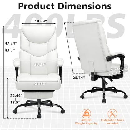 WAILOR 400lbs Office Chair with Foot Rest, Reclining Big and Tall Office Chair with Lumbar Support, High Back PU Leather Computer Chair,Comfy Desk Chair for Home Office (Casual) (White) - color: White