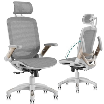 GABRYLLY Ergonomic Office Chair, High Back Home Desk Chair with Headrest, Flip-Up Arms, 90-120° Tilt Lock and Wide Cushion, Big and Tall Mesh Chairs for Man Woman, White Task Chair - color: White Frame - Black With Subtle White Undertones Mesh
