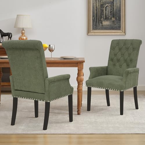 LOULENS Linen Dining Chair with Arms, Tufted Dining Room Chairs, Green | Solid Wood Legs, Nailhead Trim, Accent Chair, Kitchen Chair - color: Dark Green, size: 1 PCS