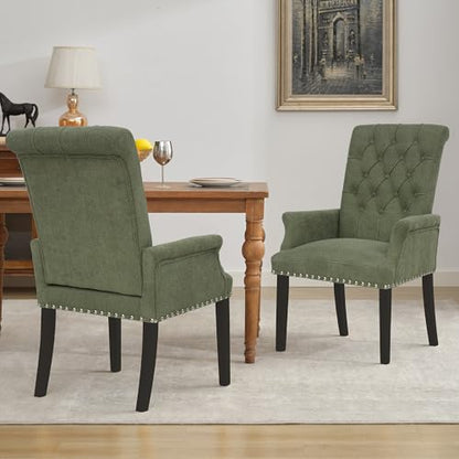 LOULENS Linen Dining Chair with Arms, Tufted Dining Room Chairs, Green | Solid Wood Legs, Nailhead Trim, Accent Chair, Kitchen Chair - color: Dark Green, size: 1 PCS