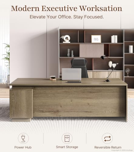 63" Reversible L-Shaped Executive Desk with Drawers, Compact Executive Office Desk with Storage Shelving, Built-in Outlets & USB Ports for Home, Office, Corporate, School (Tobacco Wood)