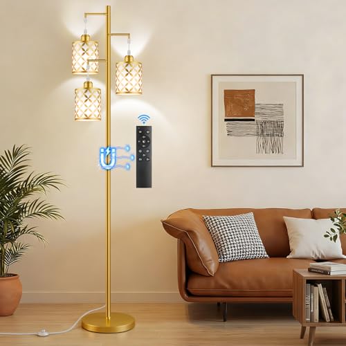 72" Dimmable Floor Lamp with Remote & Timer, Modern Industrial Standing Lamp for Living Room Bedroom, 3 Individually Controlled Heads, 2 Height Options, 3 x 1100LM LED Bulbs Included - Gold - color: Gold (Remote-1100LM), size: 72"