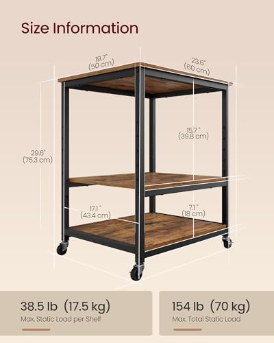 VASAGLE 3-Tier Printer Stand with Locking Wheels, Under Desk Printer Table - color: Rustic Brown + Ink Black, size: 3 Tiers/Large