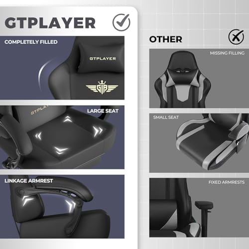 GTPLAYER Big and Tall Gaming Chair 400lbs Heavy Duty Office Chair with Footrest, High Back Pocket Spring Ergonomic Computer Chair for Adults, Wide Seated Cushion with Linkage Armrests, Leather Black - color: Dark Black