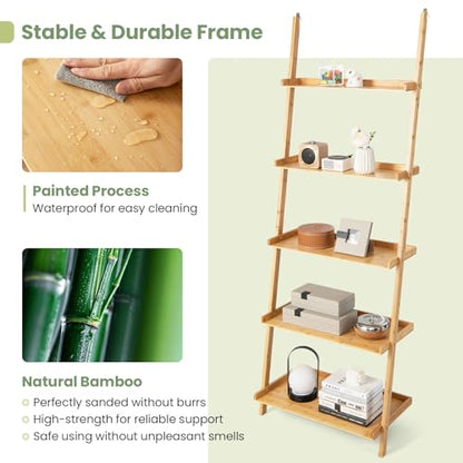 Tangkula 5-Tier Ladder Shelf Bookcase, Bamboo 72”H Wall-Leaning Bookshelf with Baffles and Anti-Tipping Kits, Plant Stand for Living Room Bathroom Home Office Decor, Ladder Bookshelf, Natural - size: 26" x 14.5" x 72" (L x W x H)
