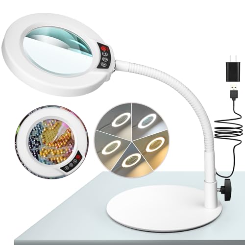 10X Magnifying Glass with Light and Stand, 5 Color Modes Stepless Dimmable LED Lighted Desk Lamp, Hands Free Flexible Gooseneck Magnifier with Light for Craft Hobby Painting Close Work - White - color: White, size: 10X-12.6in