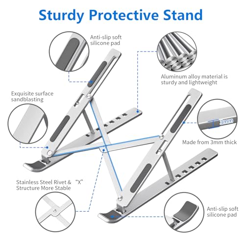 Laptop Stand for Desk, Aluminum Metal MacBook Stand，Computer Riser for Desk, Portable Foldable Adjustable Notebook Holder, Compatible with 10-15.6 Inch Laptops, iPad, Silver. - color: Silver