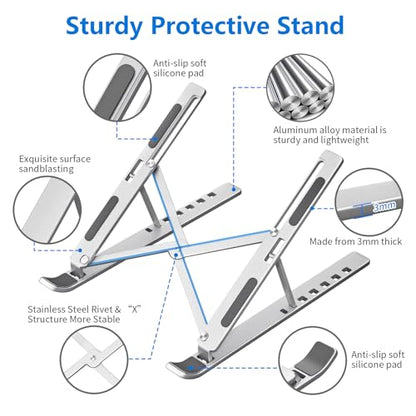 Laptop Stand for Desk, Aluminum Metal MacBook Stand，Computer Riser for Desk, Portable Foldable Adjustable Notebook Holder, Compatible with 10-15.6 Inch Laptops, iPad, Silver. - color: Silver