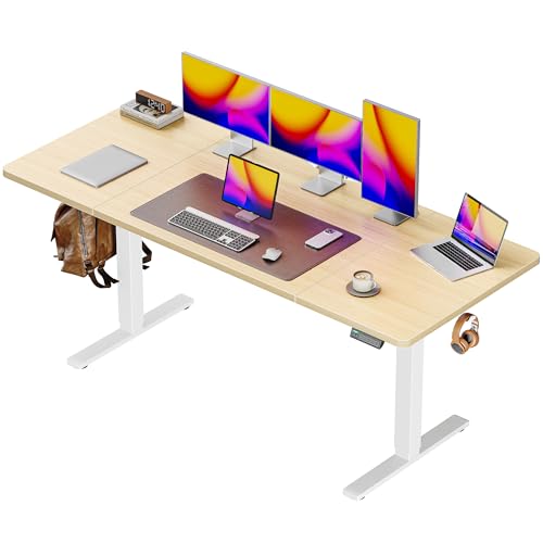 Huuger 63 x 28 Large Electric Standing Desk, Height Adjustable Computer Desk, 27.6" Deep Desktop, Stand up Gaming Office Table with 2 Hooks, 3 Preset Heights, for Home Office, Maple, 7021Q-1 - color: Maple, size: 63*28 inch (no outlets)