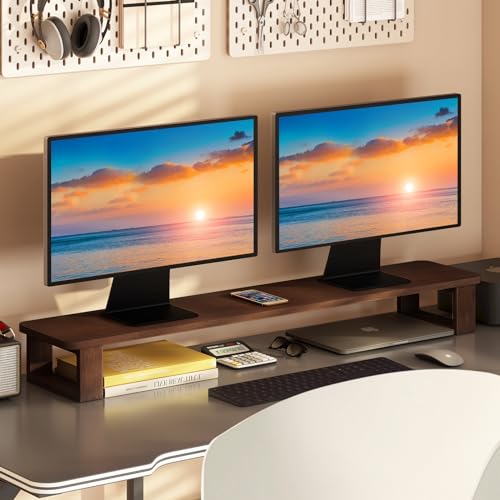 Ufine Dual Monitor Stand Riser 39.3 Inch Wood Desk Shelf Desktop Organizer | 2 Heights Adjustable, Ergonomic Computer Monitor Stand for 2 Monitors, Laptop, TV, Printer