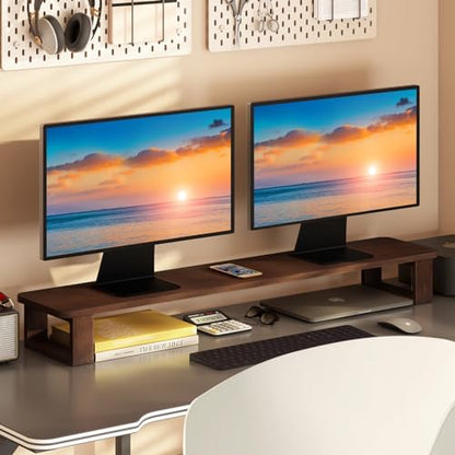 Ufine Dual Monitor Stand Riser 39.3 Inch Wood Desk Shelf Desktop Organizer | 2 Heights Adjustable, Ergonomic Computer Monitor Stand for 2 Monitors, Laptop, TV, Printer