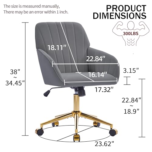 YITAI Velvet Office Desk Chair with Wheels and Gold Base,Modern Height Adjustable 360 Degree Swivel Upholstered Vanity Chairs with Arms for Living Room Bedroom, Study,Gray - color: Gold Gray