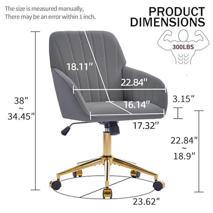 YITAI Velvet Office Desk Chair with Wheels and Gold Base,Modern Height Adjustable 360 Degree Swivel Upholstered Vanity Chairs with Arms for Living Room Bedroom, Study,Gray - color: Gold Gray