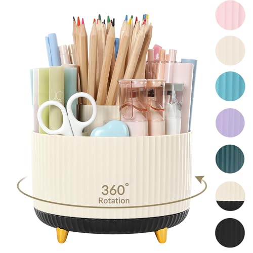 SKYDUE 360 Rotating Organizer, Dual-Purpose Pencil Pen Holder, 5-Slot Rotating Pencil Cup for Office, School, Home (Beige-Black) - color: BeigeBlack_1Pack
