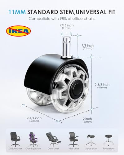 RidRed Office Chair Wheels,Smooth & Quiet Rollerblade Casters Wheels,Heavy Duty Support 700lbs Dual-Wheel Design,Gaming Desk Chair Wheel Replacement for Hardwood Floors and Carpet,2 Inch Universal Fit - color: Grey