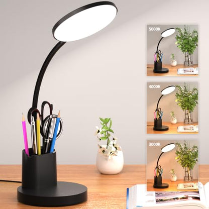 LED Desk Lamp for College Dorm with Pen Phone Holder, Black - color: Black