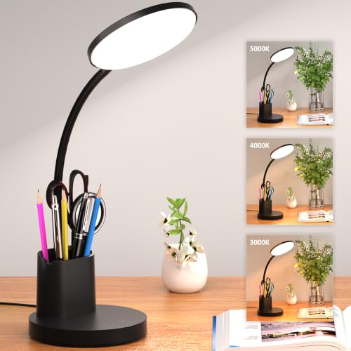 LED Desk Lamp for College Dorm with Pen Phone Holder, Black - color: Black