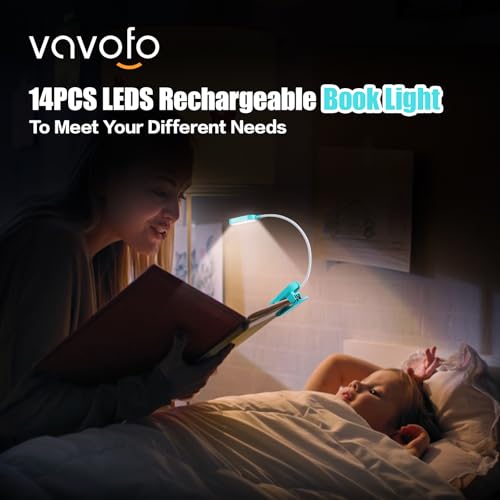 VAVOFO Rechargeable Book Light, 14 LEDs Eye Care Clip On Amber Reading Light for Bookworms Reading in Bed with 9 Colors 9 Brightness (Lake Blue) - color: Lake Blue