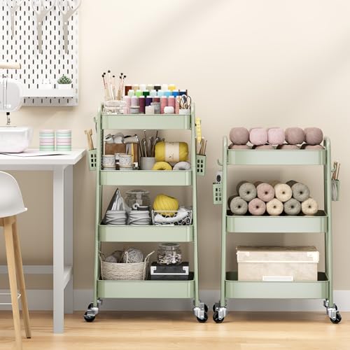TOOLF 4 Tier Rolling Cart, Metal Utility Storage Cart with Pegboard, Green | 2 Bins & 4 Hooks, Screwless Assembly, Lockable Wheels, Trolley Organizer for Bathroom, Kitchen, Office, Dorm, Craft Room - color: Green, size: 4-Tier