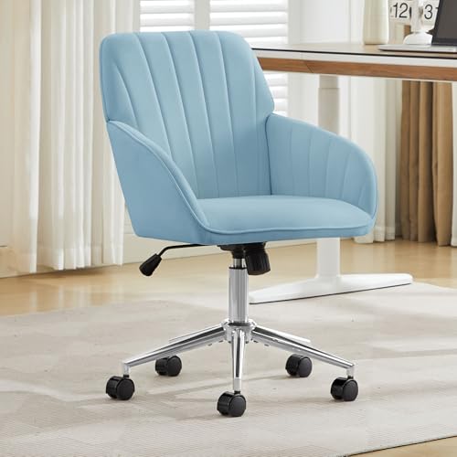 YITAI Velvet Office Desk Armchairs with Silver Base and Wheels,Modern Height Adjustable 360 Degree Swivel Upholstered Vanity Chairs for Living/Room Bedroom/Study,Light Blue - color: Silver Blue