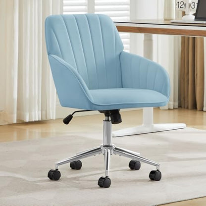 YITAI Velvet Office Desk Armchairs with Silver Base and Wheels,Modern Height Adjustable 360 Degree Swivel Upholstered Vanity Chairs for Living/Room Bedroom/Study,Light Blue - color: Silver Blue