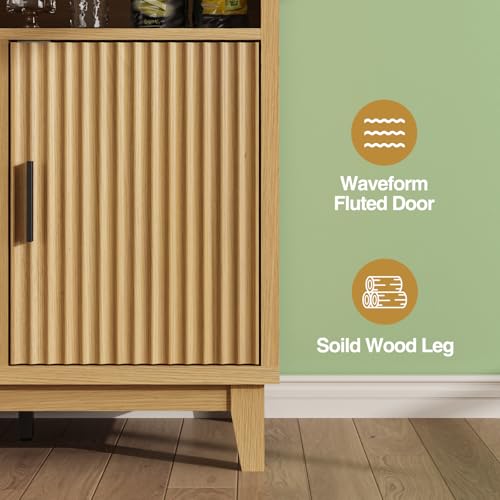 Fluted Buffet Cabinet with Storage, Modern Coffee Bar Cabinet, Natural - color: Wood Grain, size: Coffee Bar - 15.6"D x 47.2"W x 49.6"H