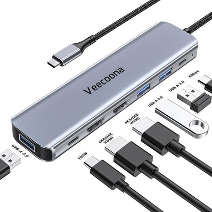 USB C to Dual HDMI Adapter, 7 in 1 Docking Station Dual Monitor | 3*USB-A Data Ports, 100W PD, HDMI Splitter Extended Display Laptop USB C Hub for MacBook, HP, Dell and More