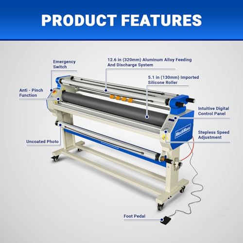 65" Full-Auto Cold & Heat Assisted Laminator Machine with 4 Trimmers, Max Speed 40ft/min, 63" Max Width, 1.1" Max Thickness, Infrared Heating, (Requires Air Compressor, Not Included),1700-B1