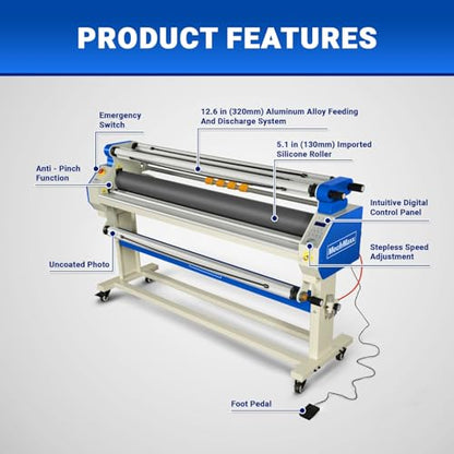 65" Full-Auto Cold & Heat Assisted Laminator Machine with 4 Trimmers, Max Speed 40ft/min, 63" Max Width, 1.1" Max Thickness, Infrared Heating, (Requires Air Compressor, Not Included),1700-B1