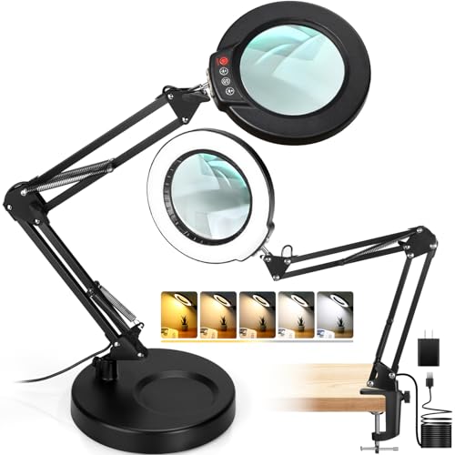 12X Magnifying Glass with Light and Stand, 2-in-1 Desk Lamp & Clamp Light, Seylae 5 Color Modes, Brightness Stepless Dimmable LED Lighted Magnifier Hands Free, Magnifier Lamp for Close Work, Reading - color: Black, size: 12X 17.8inch Base & Clamp