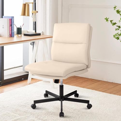 LUCKWIND Armless Office Desk Chair with Wheels, Mid-Back Criss Cross Swivel Task Chair, Height Adjustable Cushioned Vanity Chair, Double Padded PU Leather Chair for Home, Office & Bedroom, Beige White - color: Beige White