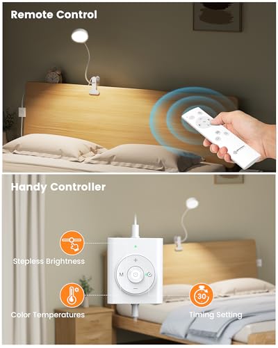 Glocusent 5W Desk Lamp with Remote, 3 Colors & 5 Brightness Reading Lights | Flexible Gooseneck Clip on Lamp, 30-Min Timer Reading Lamp, Perfect Clip on Light for Bunk,Bed,Headboard,Table,Work,Craft - color: White with Remote