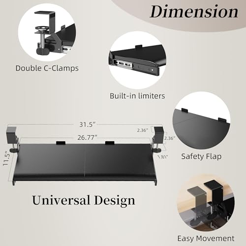 Keyboard Tray, 25 in. Pine Plastic, Keyboard tray Under Desk with Wrist Rest, Mouse Pad, Cup Mat, Lightweight Slide Out Tray, Easy Assemble Adjustable C clamp