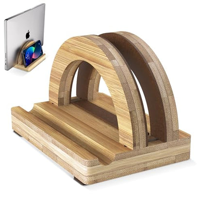 Kothar Premium Wood Vertical Laptop Stand - Adjustable Single Slot Bamboo Holder for MacBook, Dell, HP, and More | Space-Saving Desktop Organizer | Eco-Friendly, Sleek & Durable Design