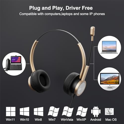 Wired Gold USB Headset with Noise-Canceling Microphone for PC, Lightweight Office USB Headphones for Call Center Office Remote Work, for Teams Zoom 3CX WebEx Calls, E-Learning & Dictation