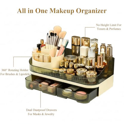 Makeup Organizer Countertop with Dual Drawers, Large Capacity Cosmetic Storage for Vanity Bathroom Skincare, 360° Rotating Makeup Brush Holder - color: green
